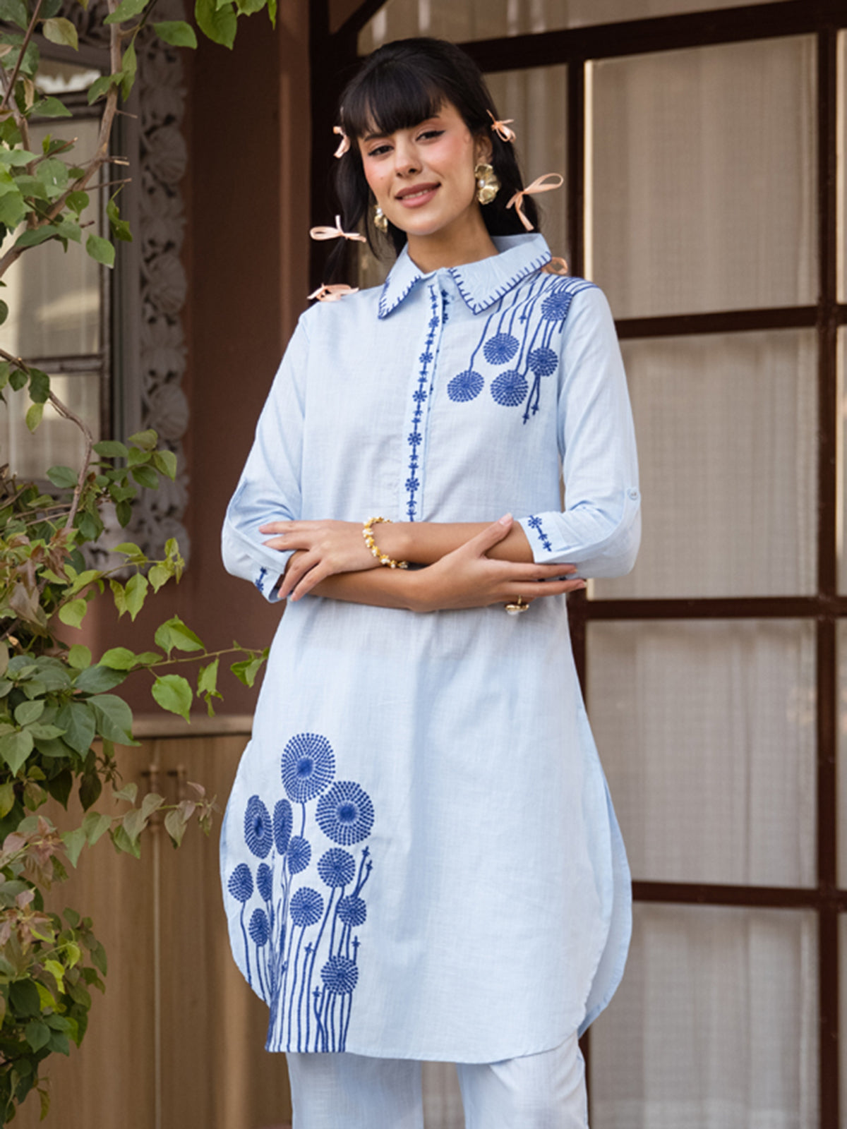 Mint blue cotton linen kurti set with blue embroidery