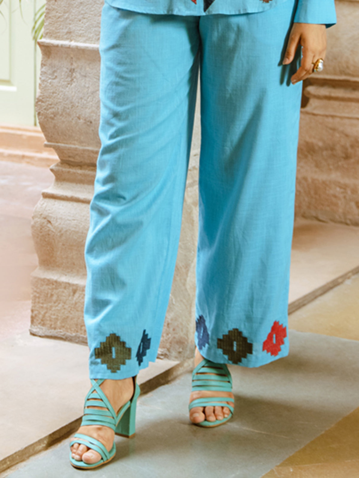 Aqua blue cotton co ord set with thread detailing