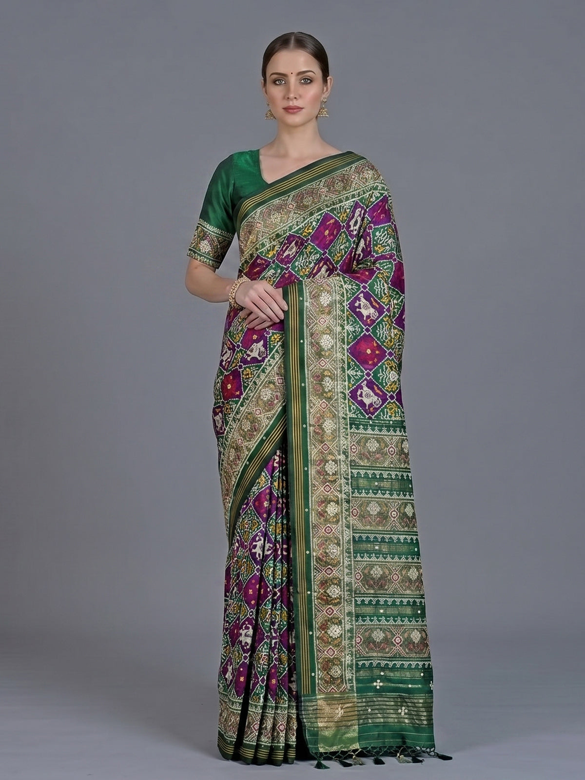 Purple and green art patola silk saree with motif design