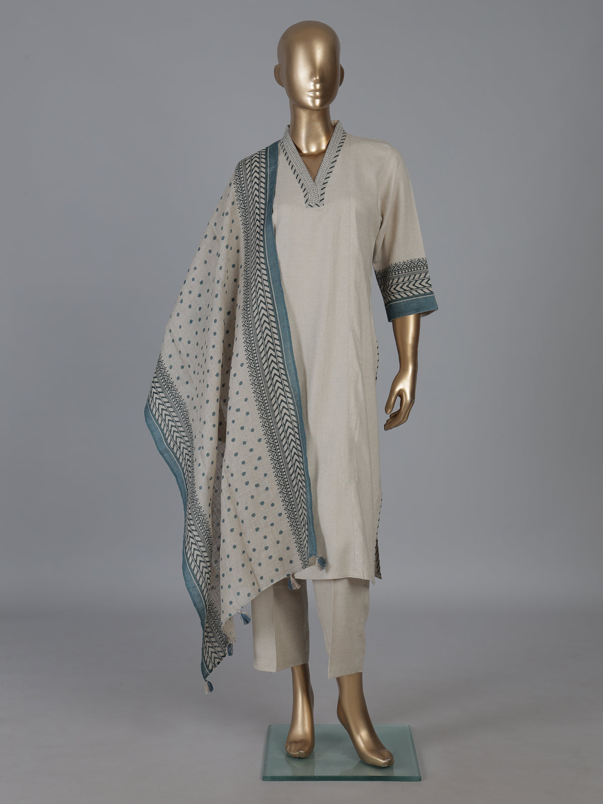 Beige cotton linen straight cut kurti set