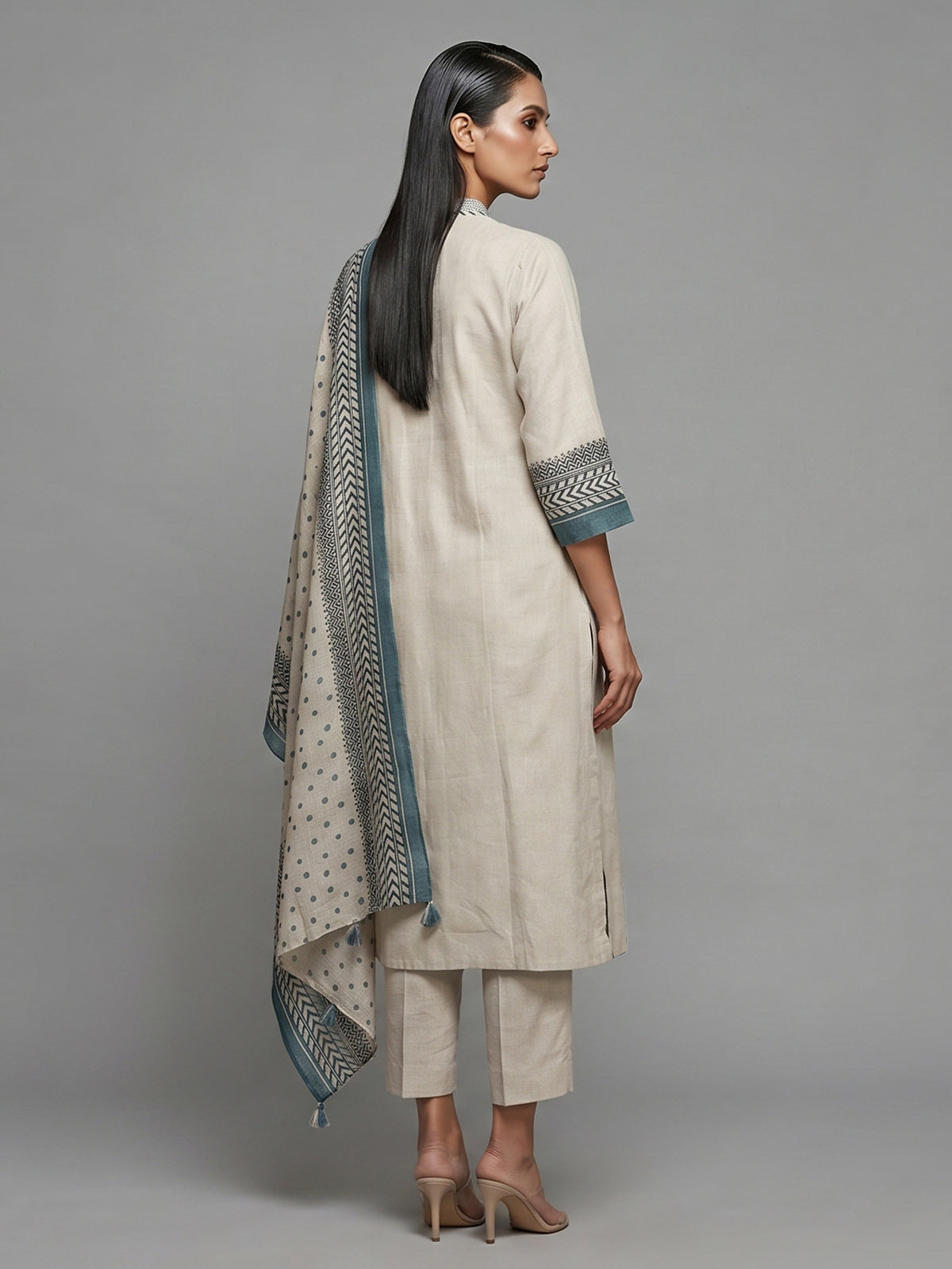Beige cotton linen straight cut kurti set