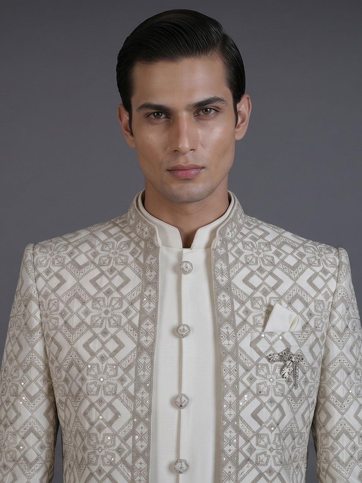 Cream raw silk embroidered indowestern