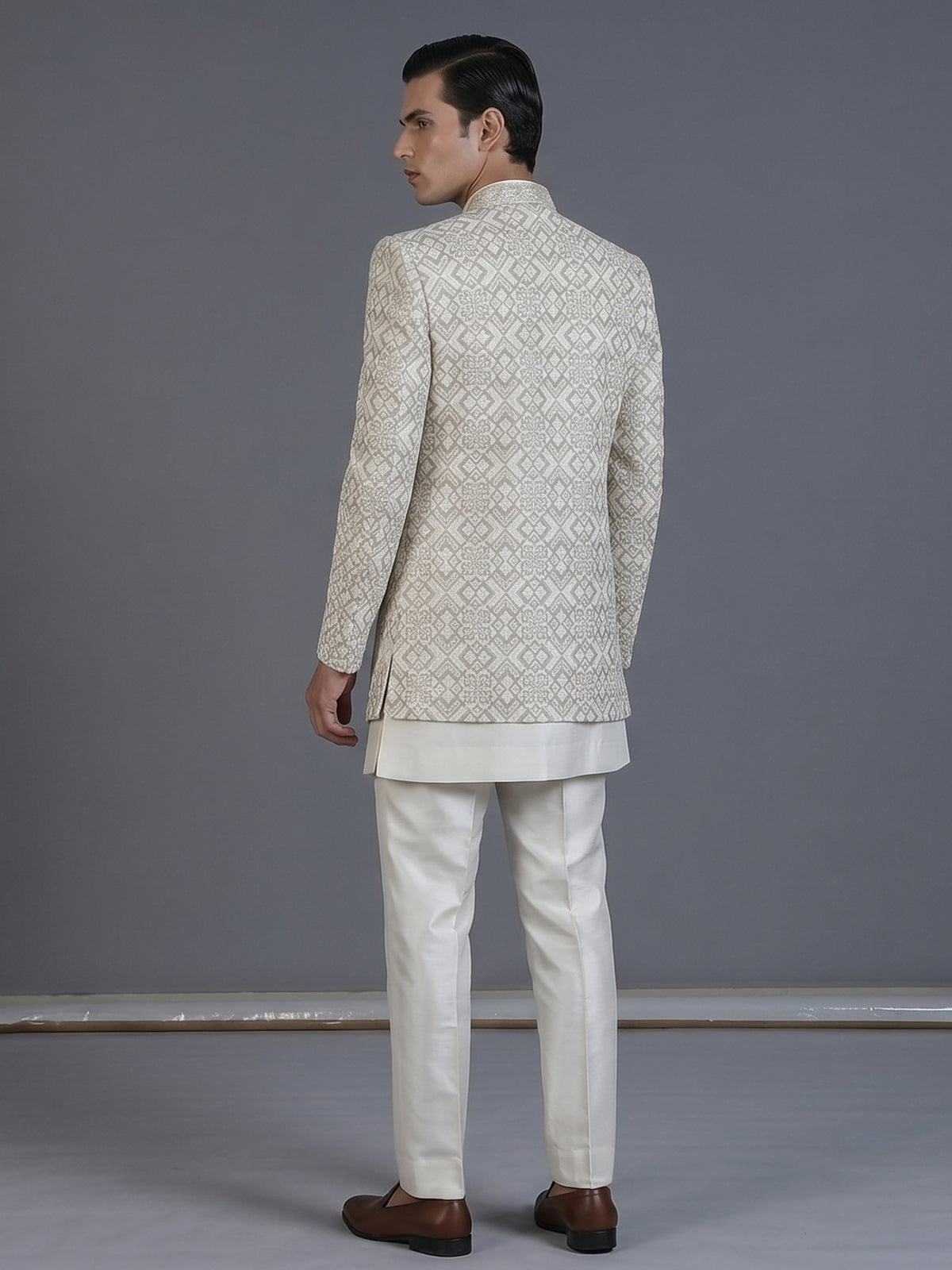 Cream raw silk embroidered indowestern