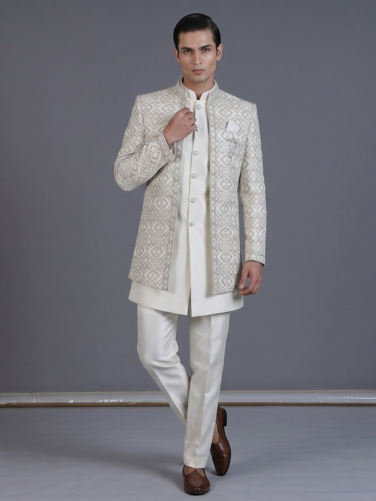 Cream raw silk embroidered indowestern