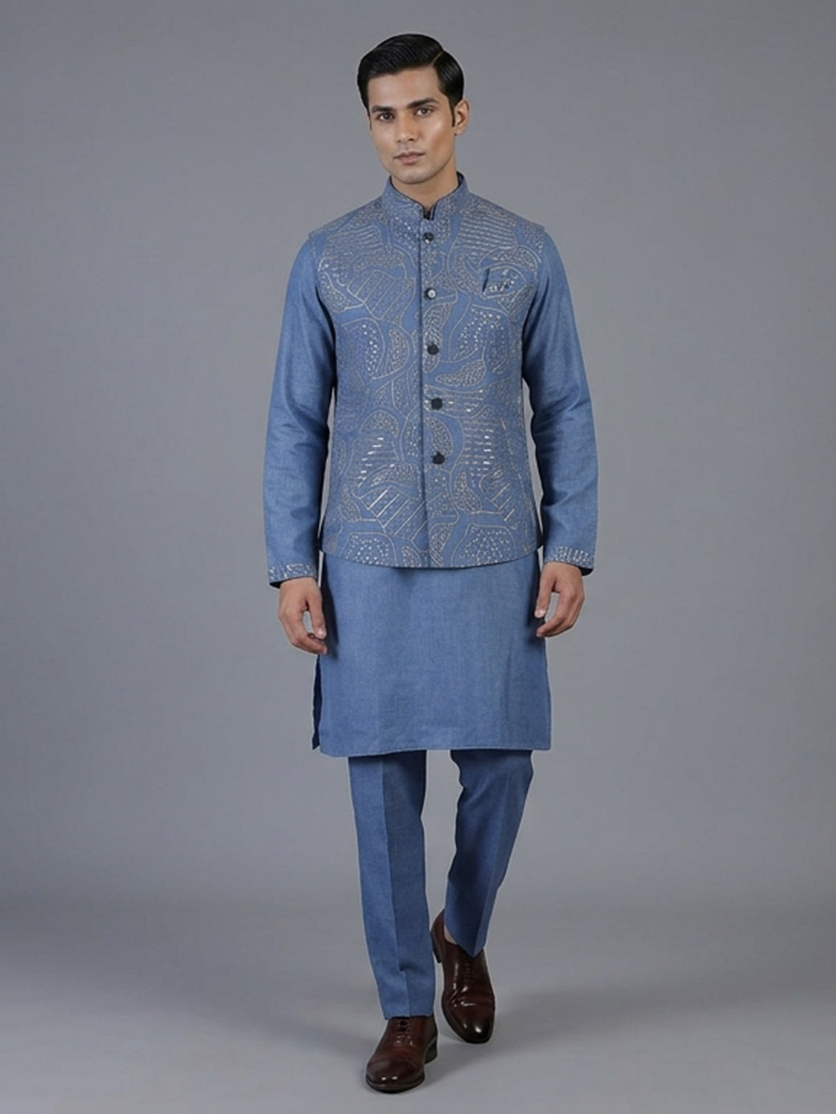 Blue linen waistcoat set with chinese collar