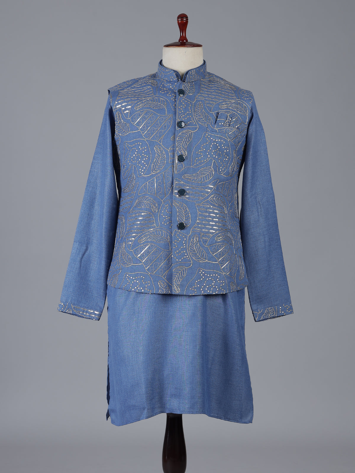 Blue linen waistcoat set with chinese collar