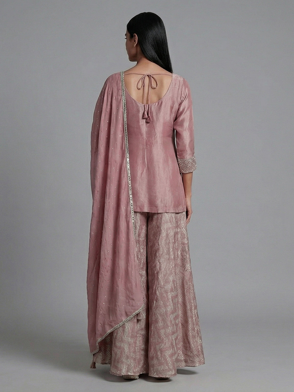 Onion pink silk yoke style festive palazzo suit