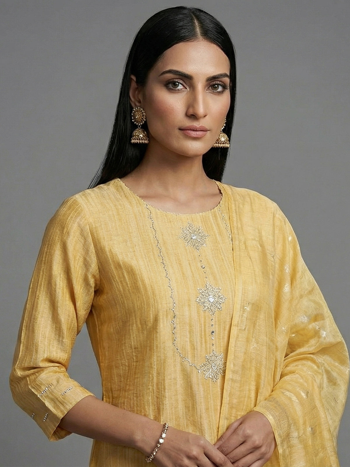 Yellow silk zardosi work straight festive salwar suit