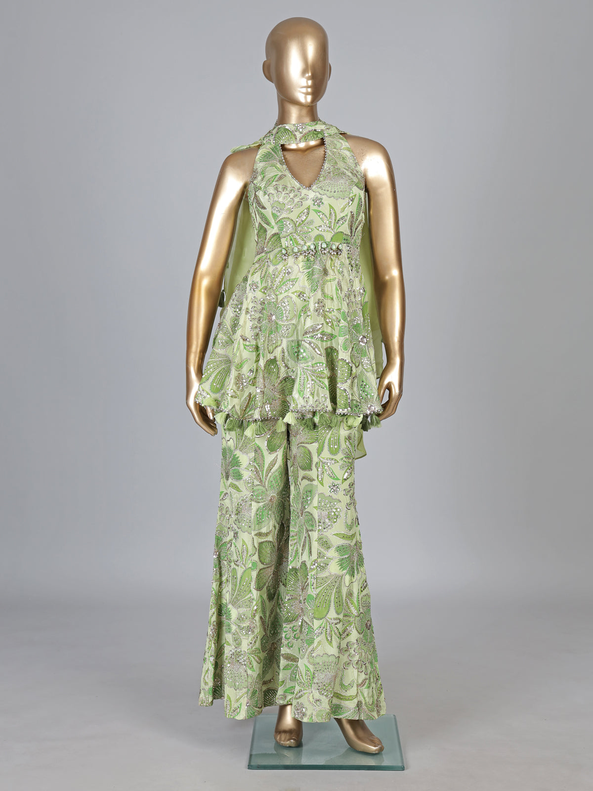 Mint green crepe silk floral palazzo suit