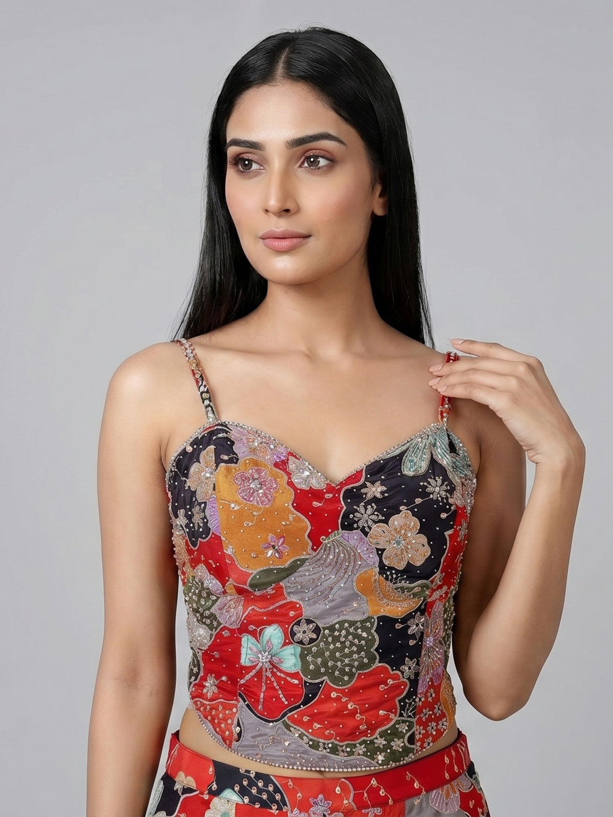 Multicolor satin silk palazzo suit with printed elegance