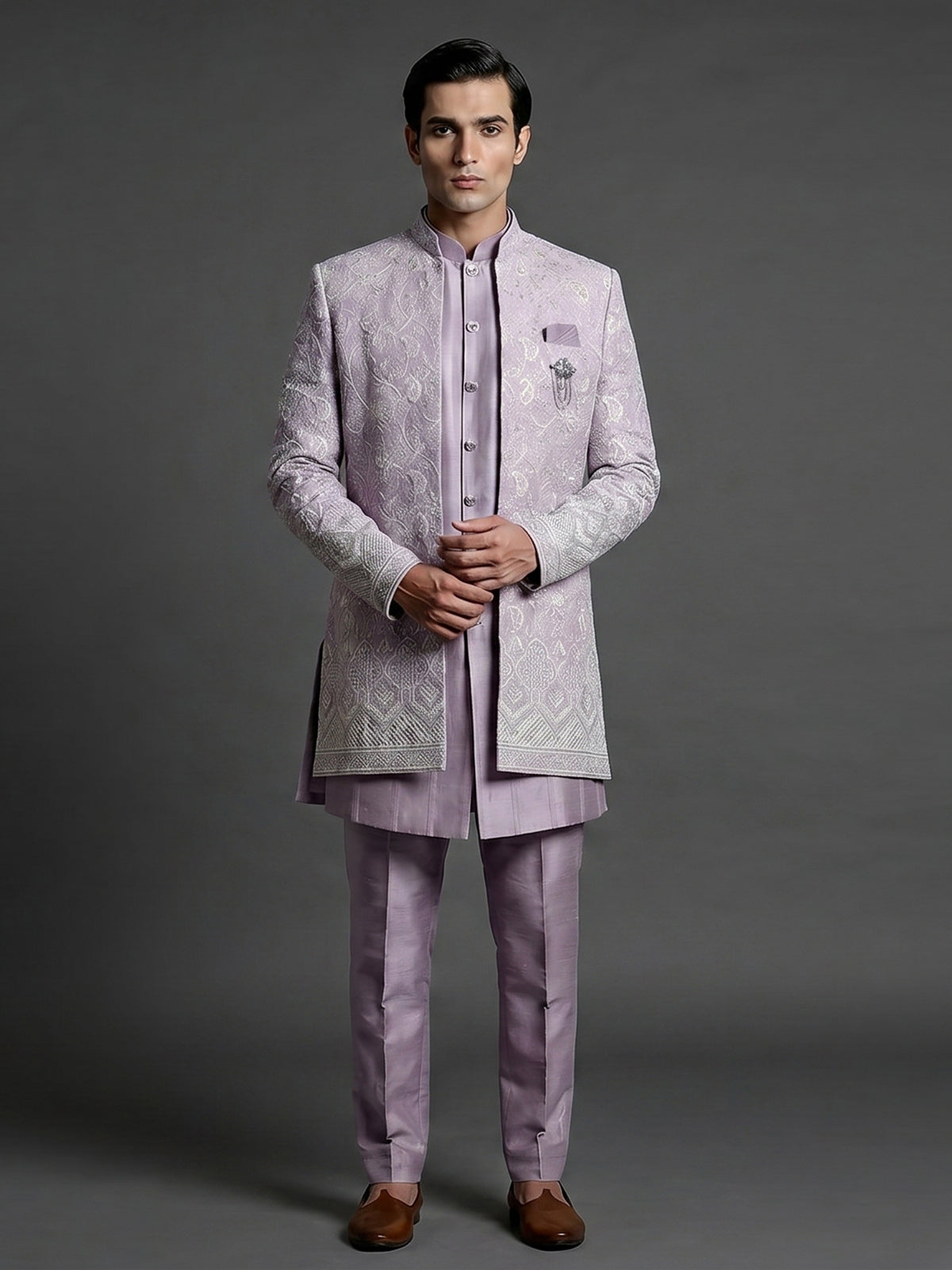 Lilac purple silk indowestern set with brooch detail