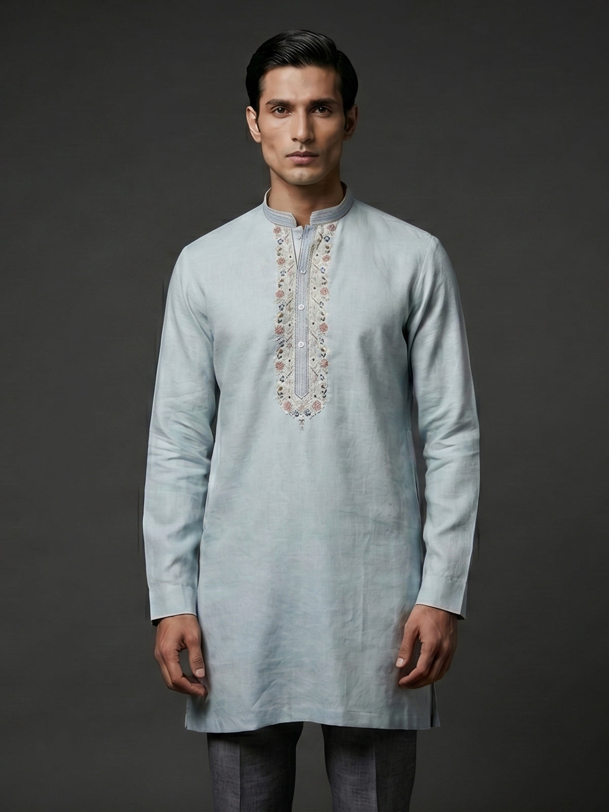 Light grey cotton linen kurta with embroidered yoke