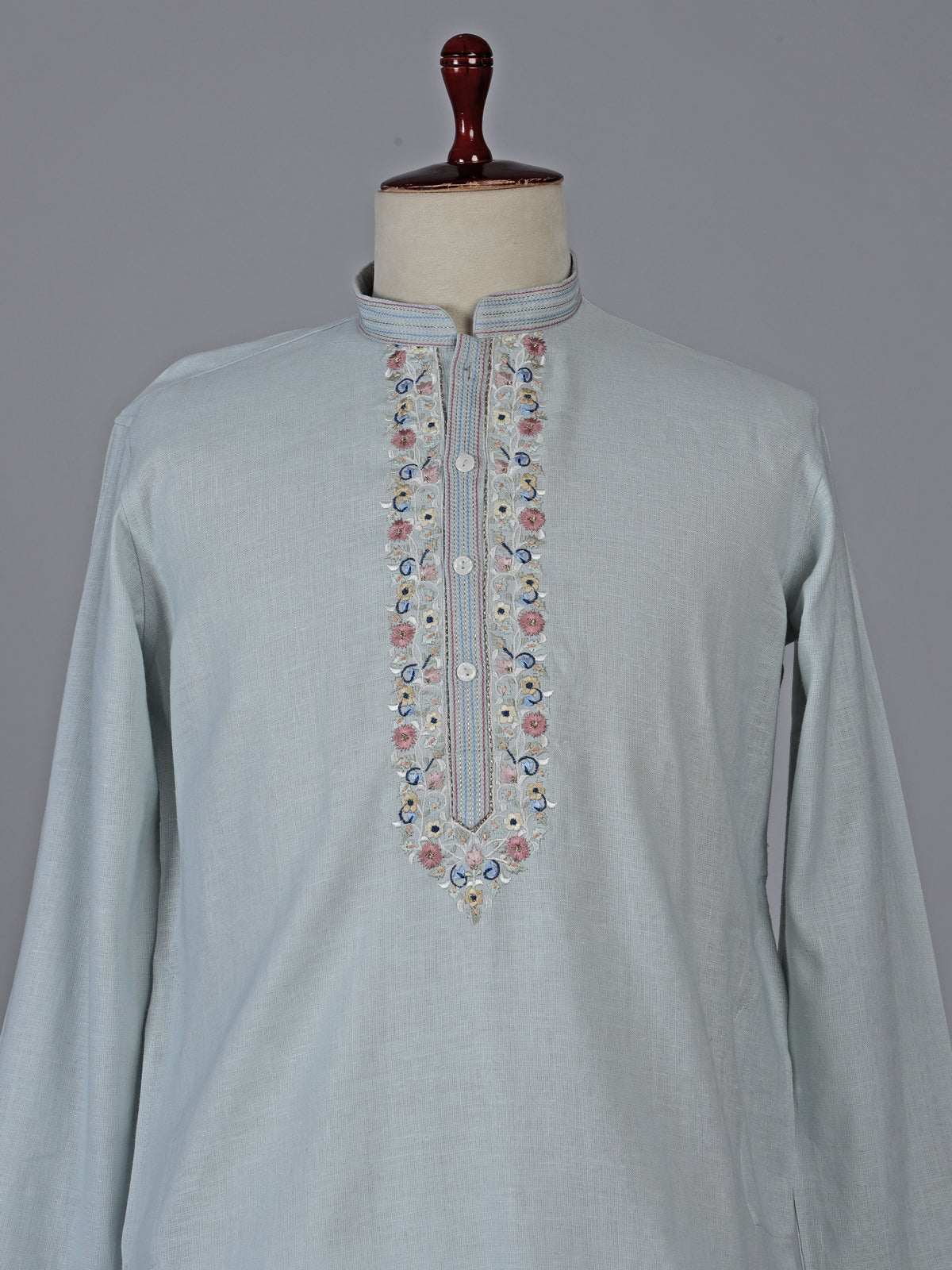Light grey cotton linen kurta with embroidered yoke