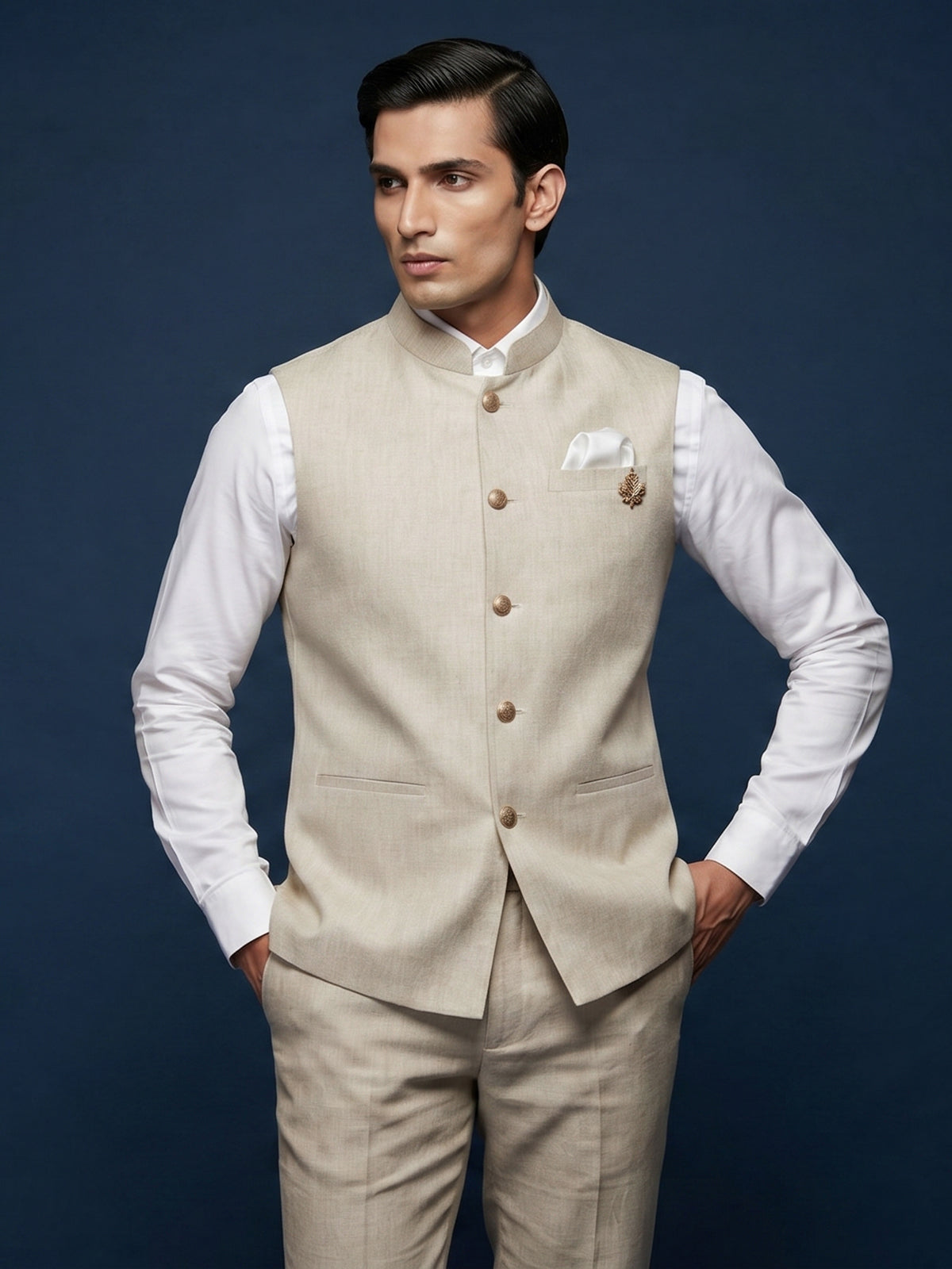 Beige linen waistcoat with brooch detailing