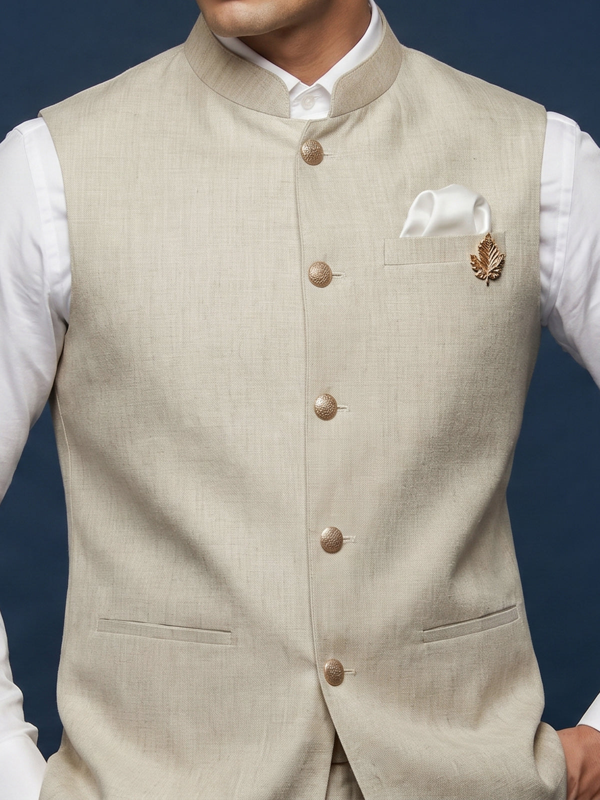 Beige linen waistcoat with brooch detailing