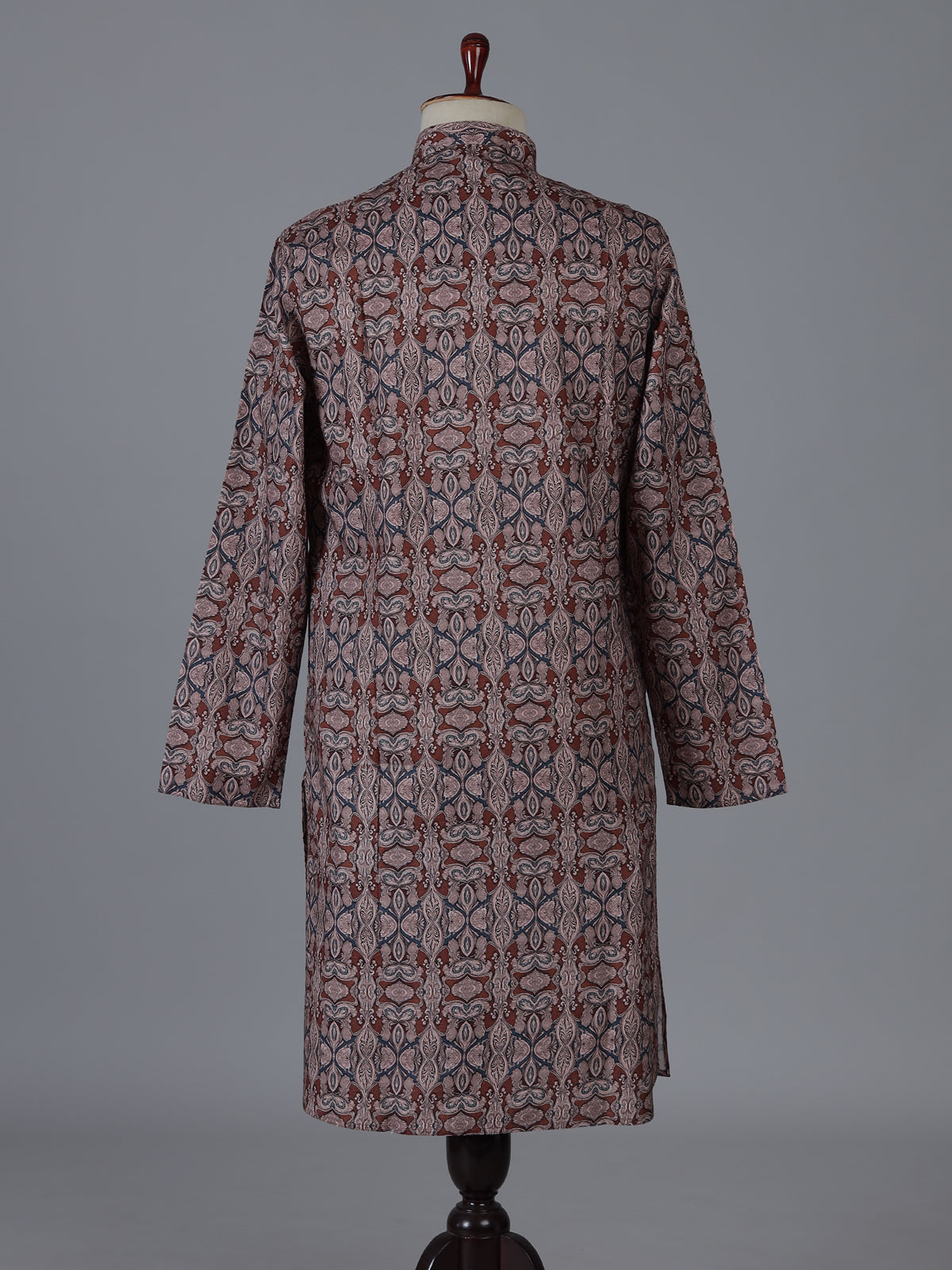 Brown and grey printed silk kurta suiit with mandarin collar