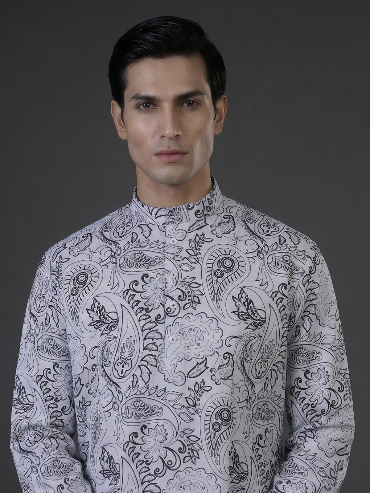 White floral cotton linen kurta suiit with mandarin collar