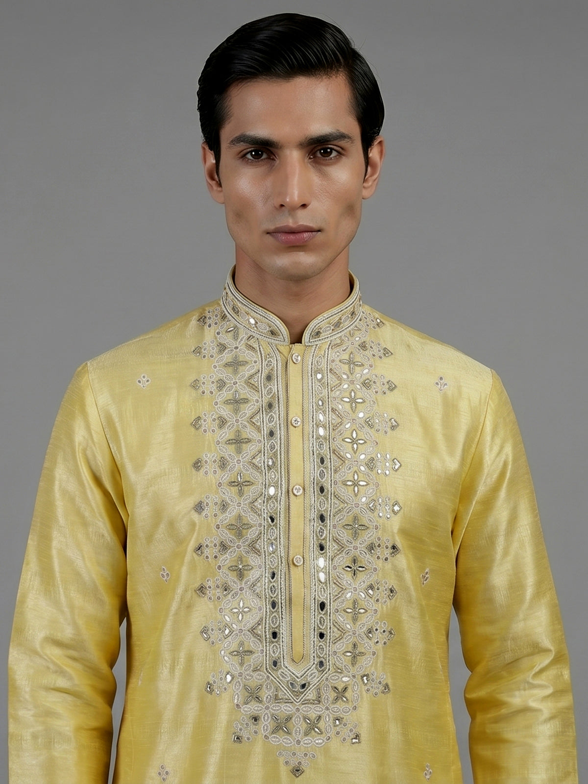 Yellow silk kurta suiit with aabla and embroidery design