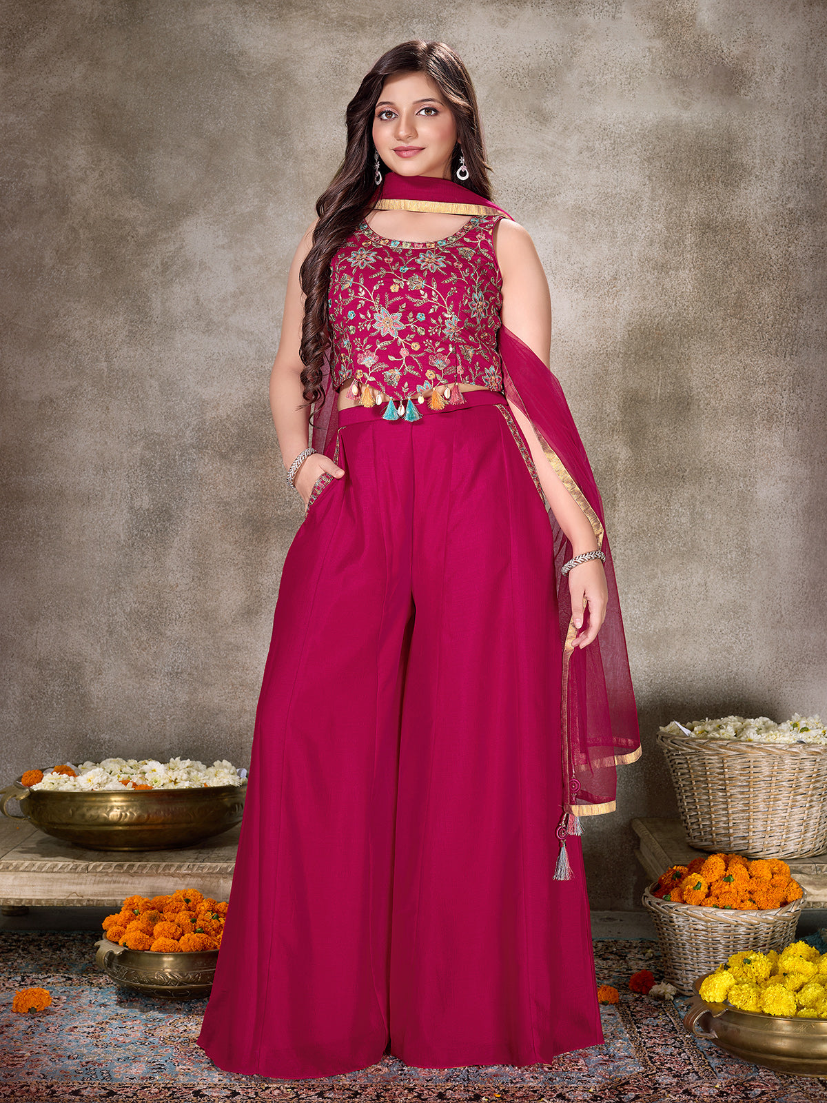 Rani pink silk palazzo suit with shell accents
