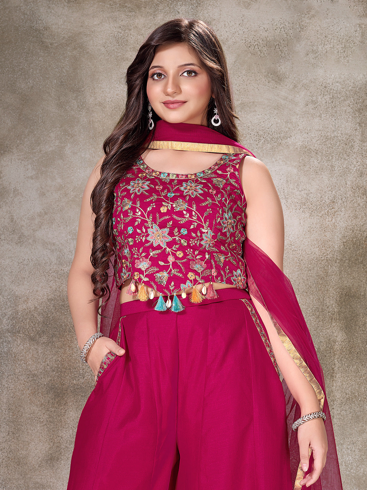 Rani pink silk palazzo suit with shell accents
