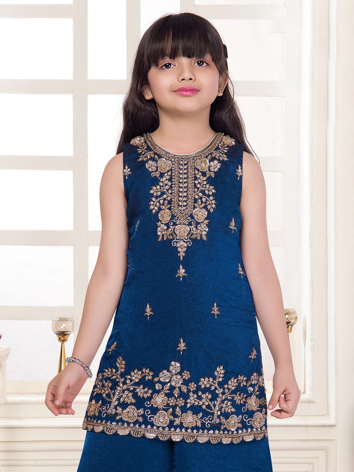 Blue silk yoke style palazzo suit for girls