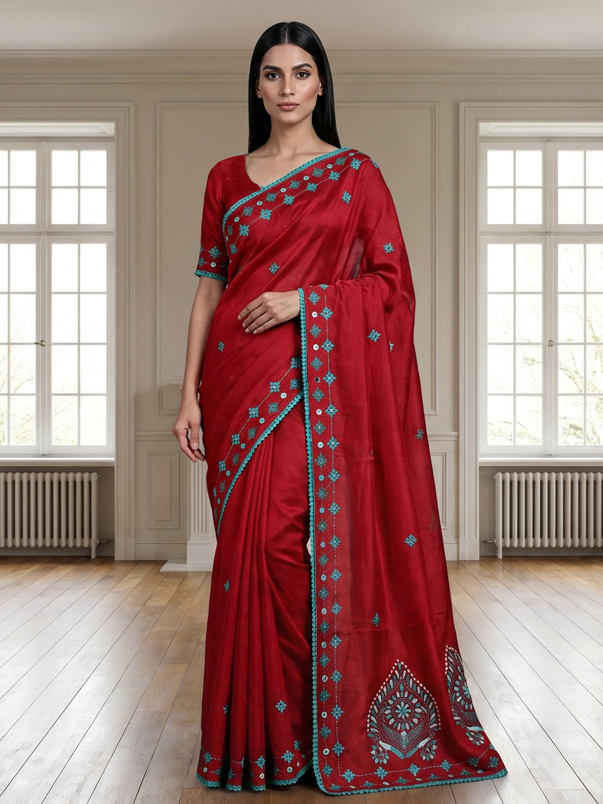 Maroon semi cotton saree with aabla work