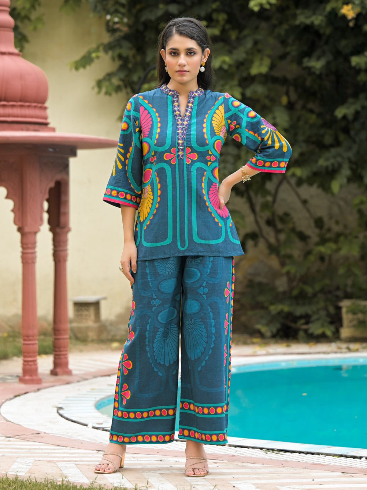 Blue printed cotton co ord set for women