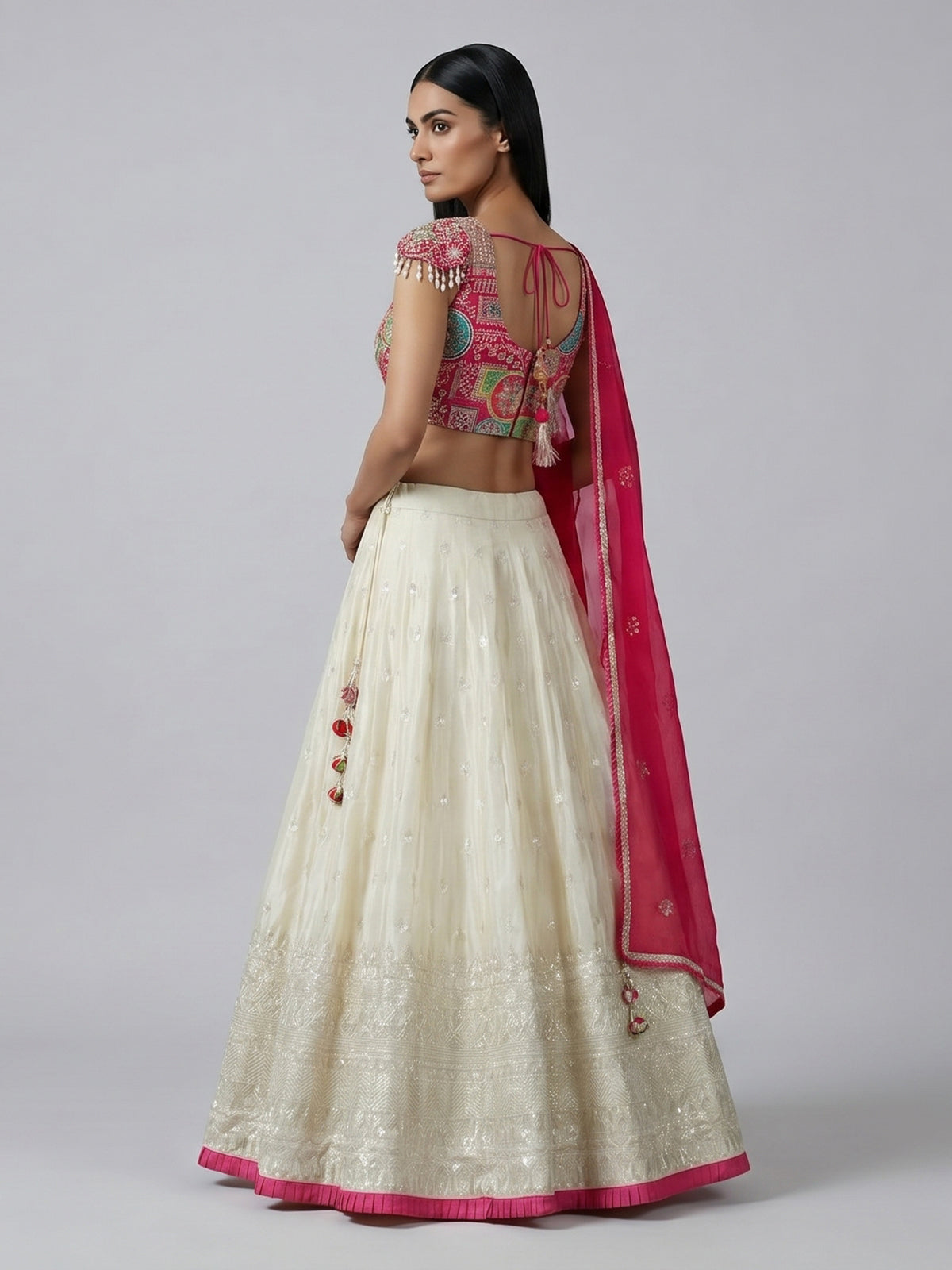 Rani pink and cream silk lehenga choli designer style