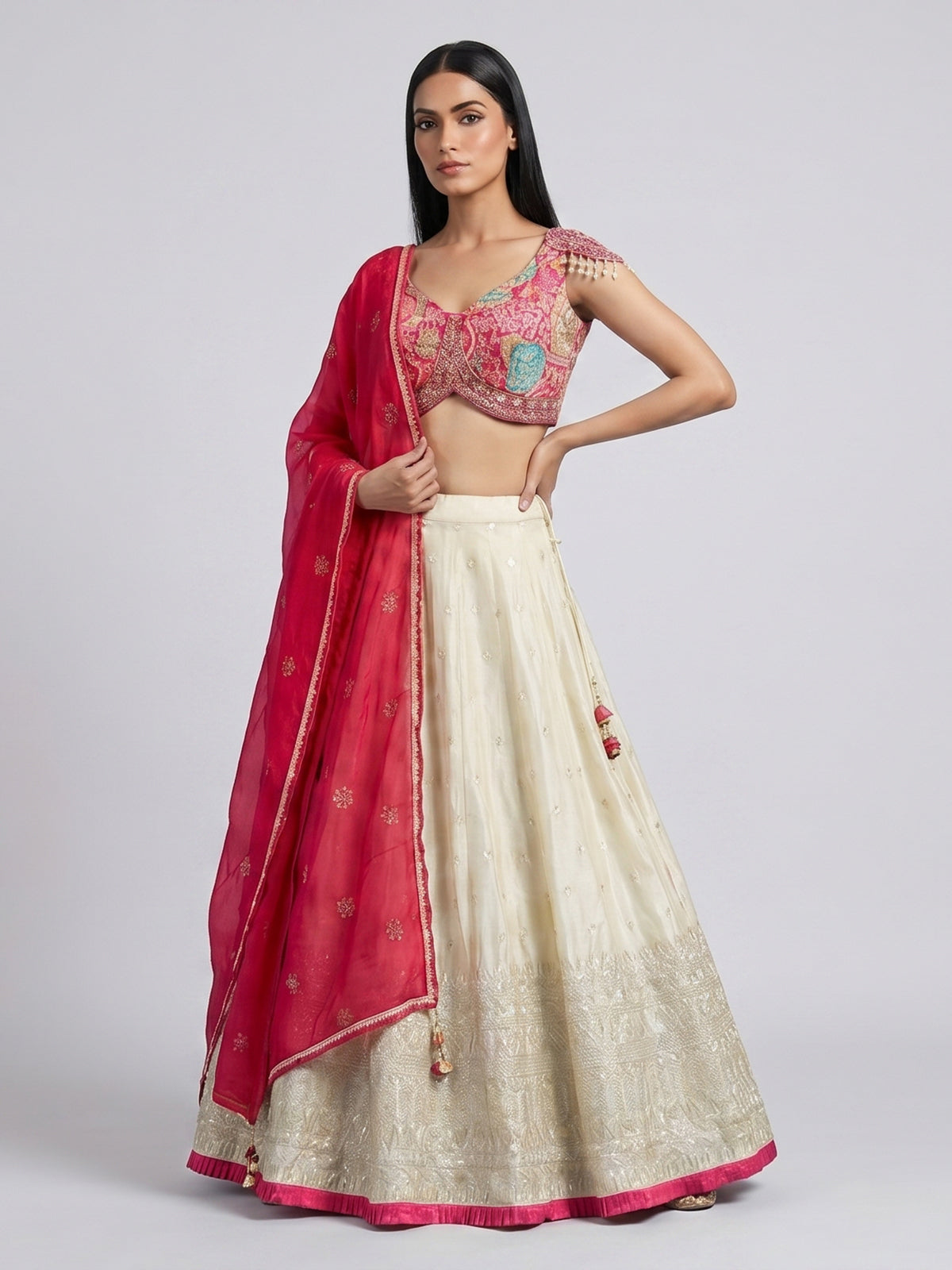 Rani pink and cream silk lehenga choli designer style
