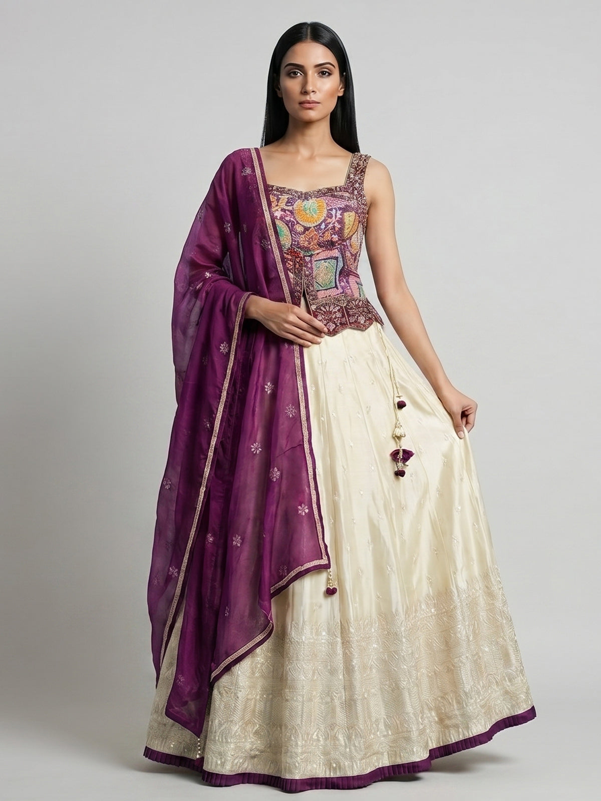 Violet and cream silk lehenga choli with zardosi work