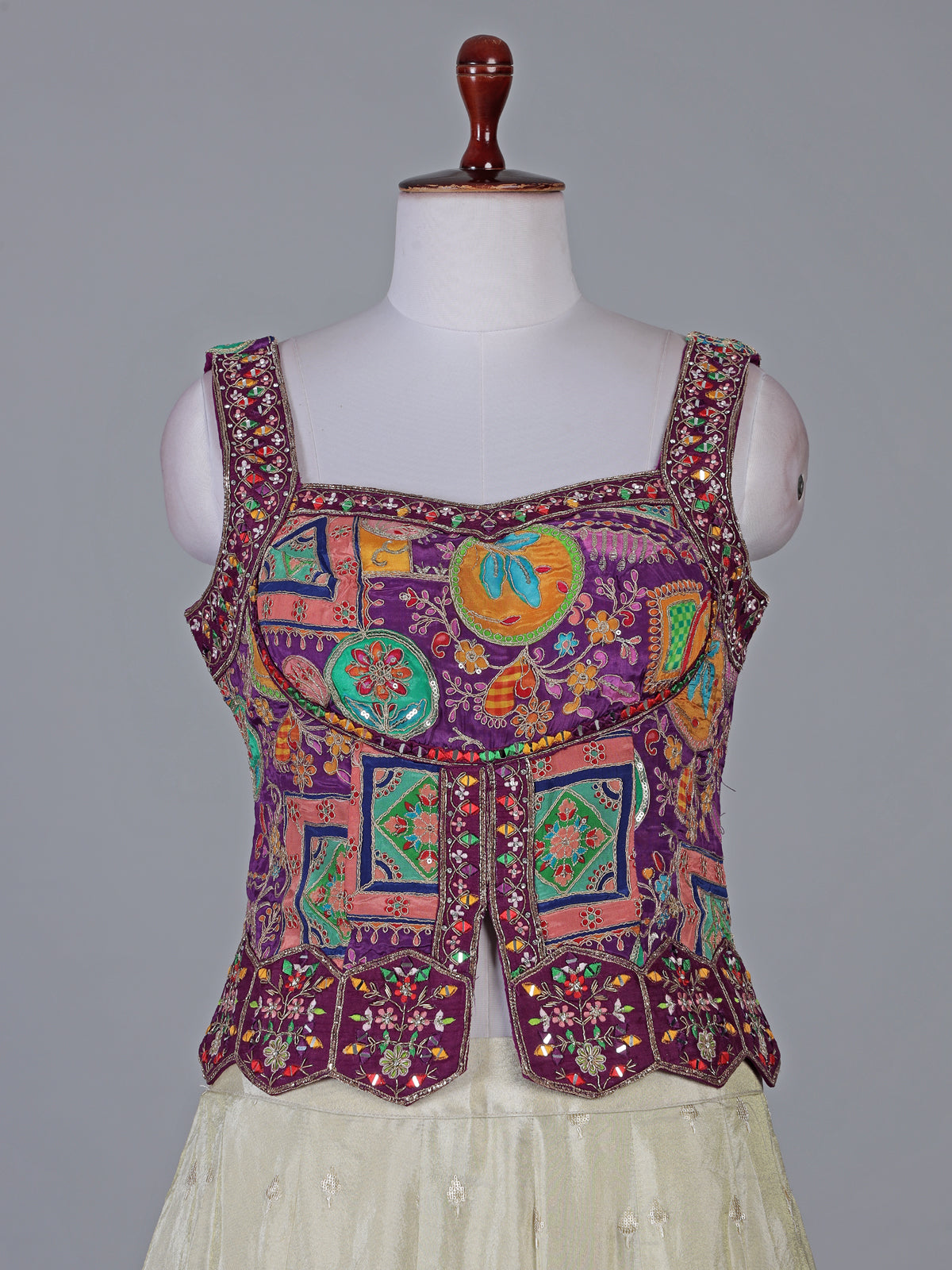 Violet and cream silk lehenga choli with zardosi work