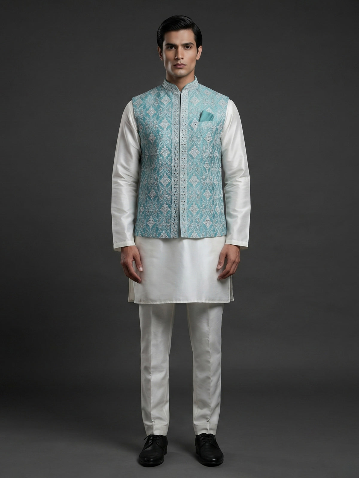 Blue silk waistcoat set with aabla and embroidery