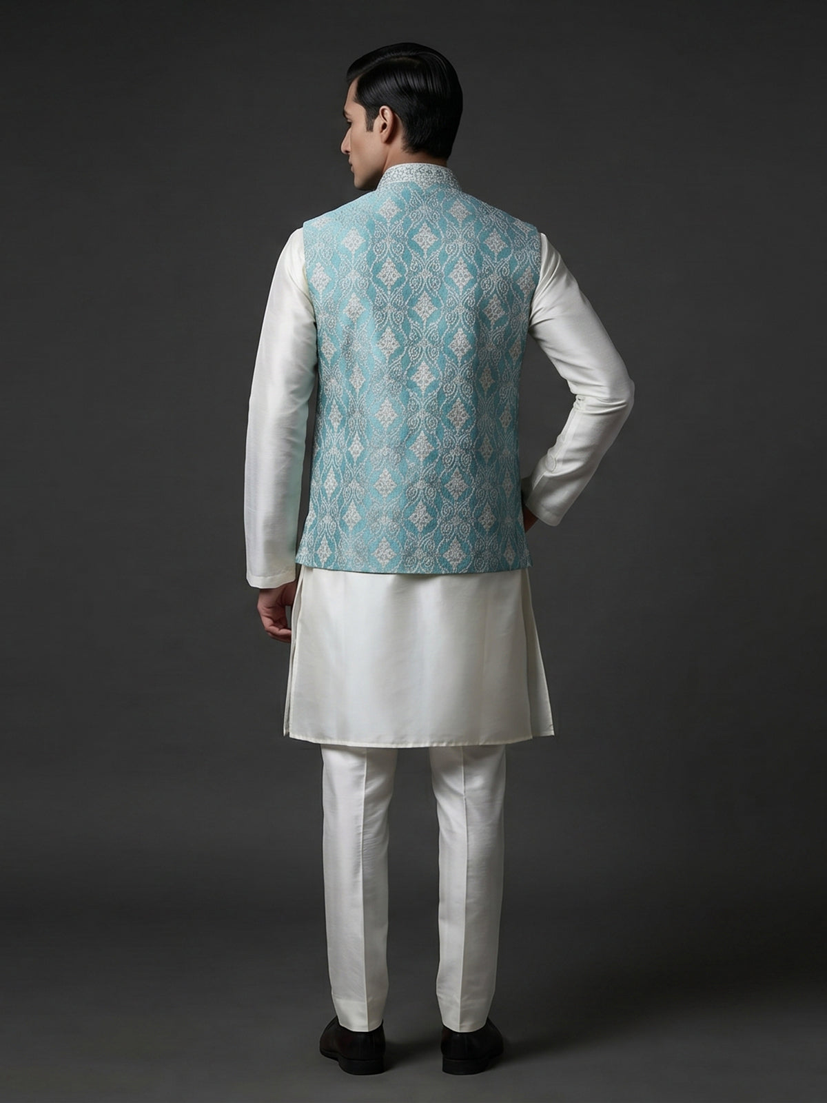 Blue silk waistcoat set with aabla and embroidery