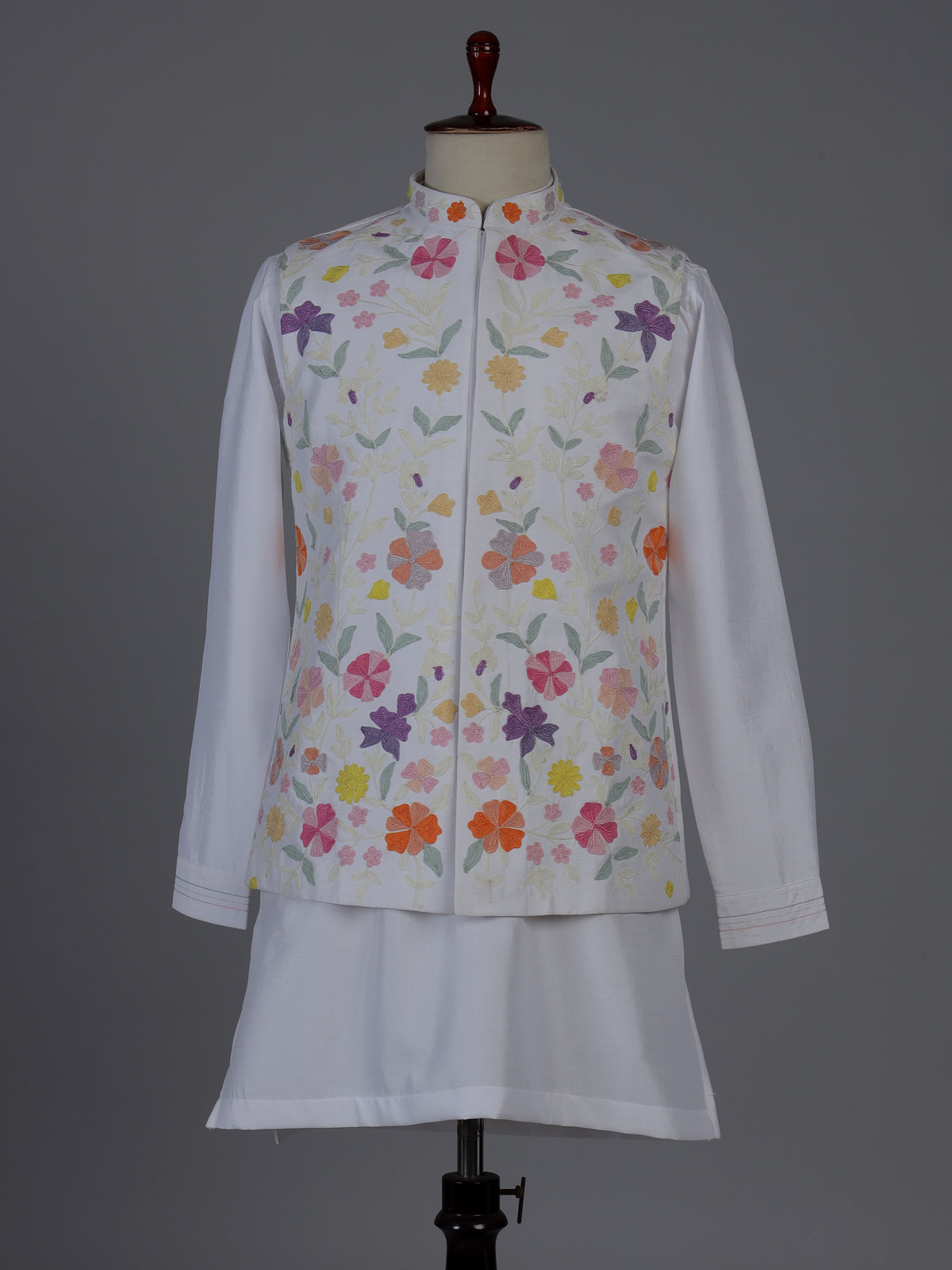 White silk waistcoat set with colorful floral thread