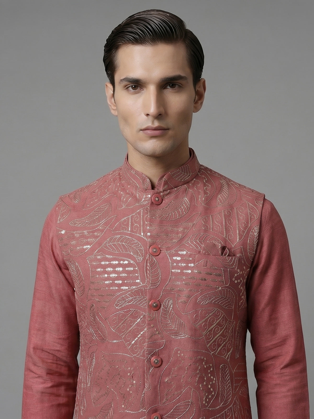 Onion pink linen waistcoat set with sequin work