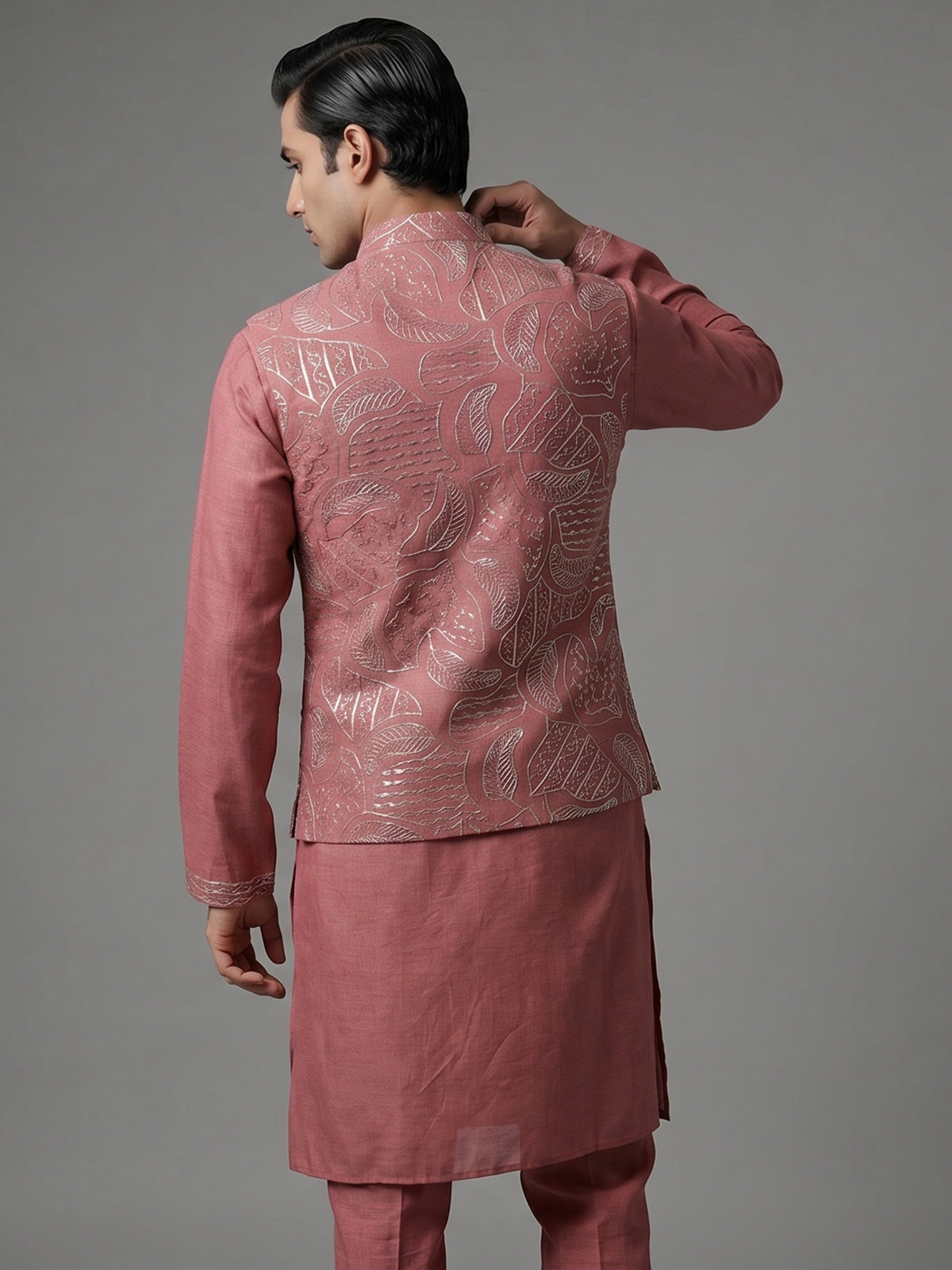 Onion pink linen waistcoat set with sequin work