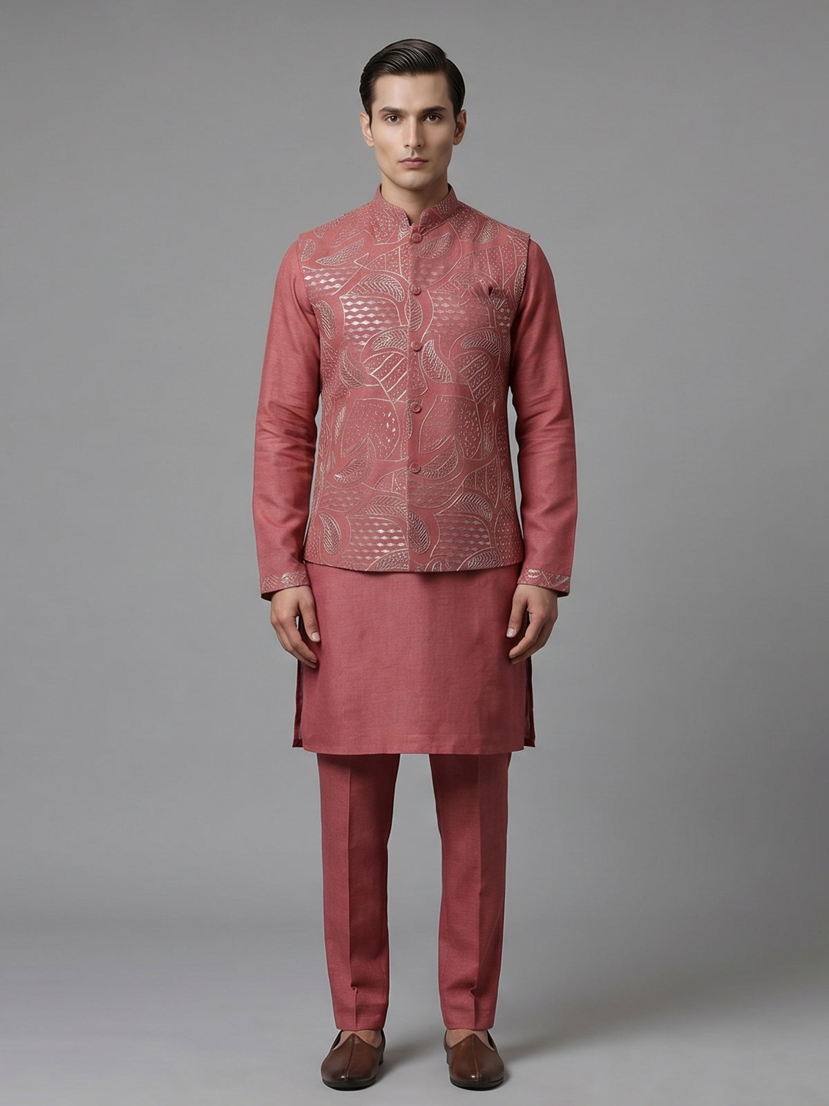 Onion pink linen waistcoat set with sequin work