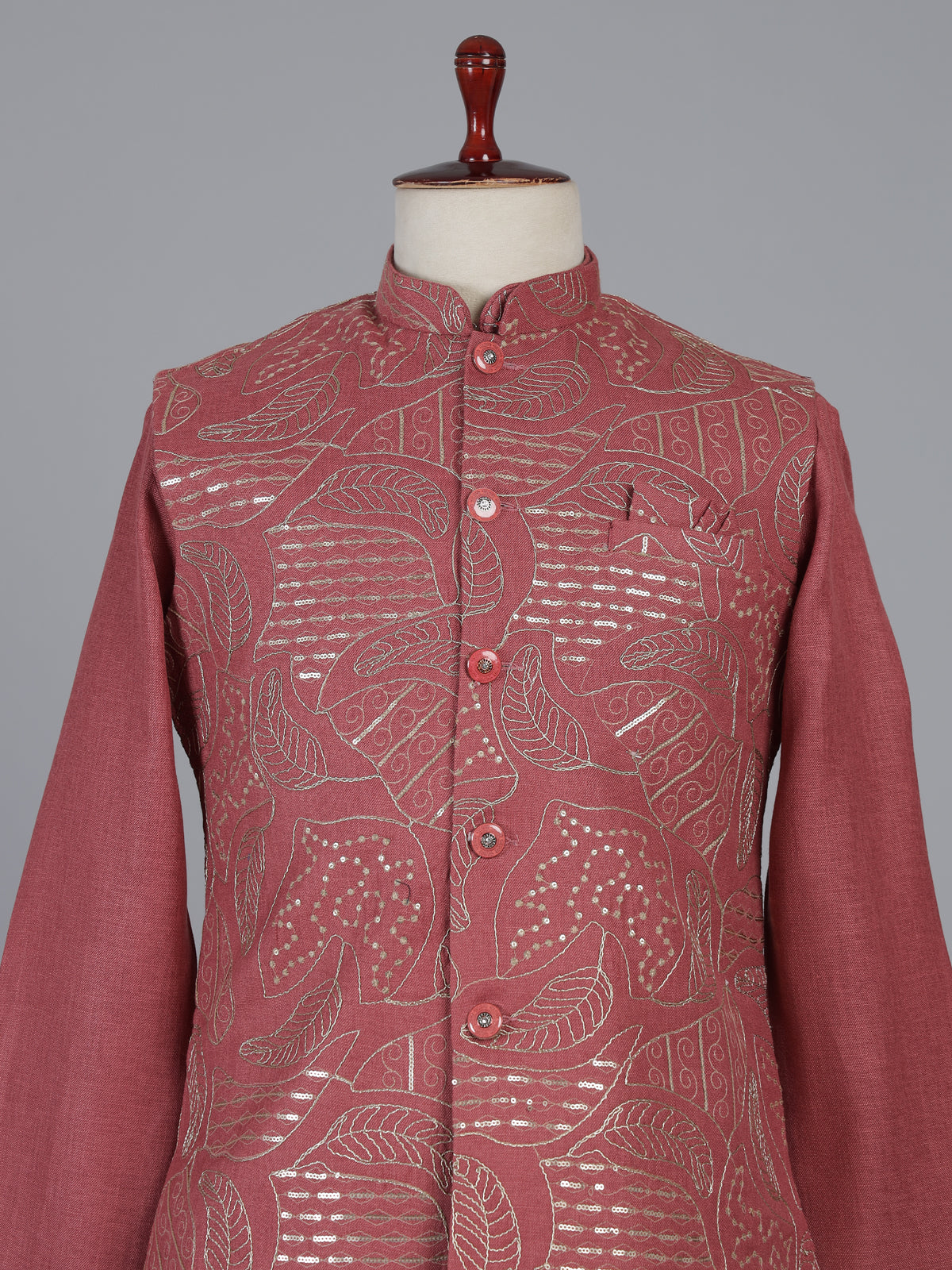 Onion pink linen waistcoat set with sequin work
