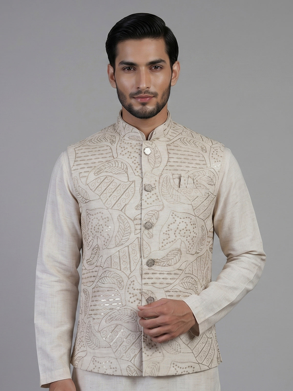 Beige silk waistcoat set with sequin and embroidery