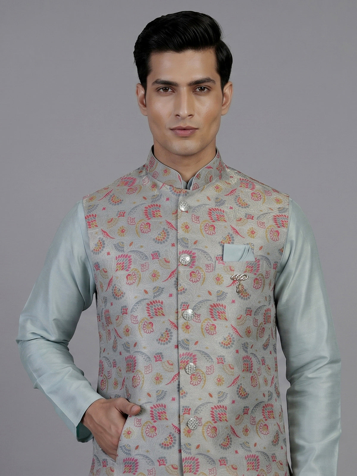 Mint blue silk waistcoat set with zari motifs