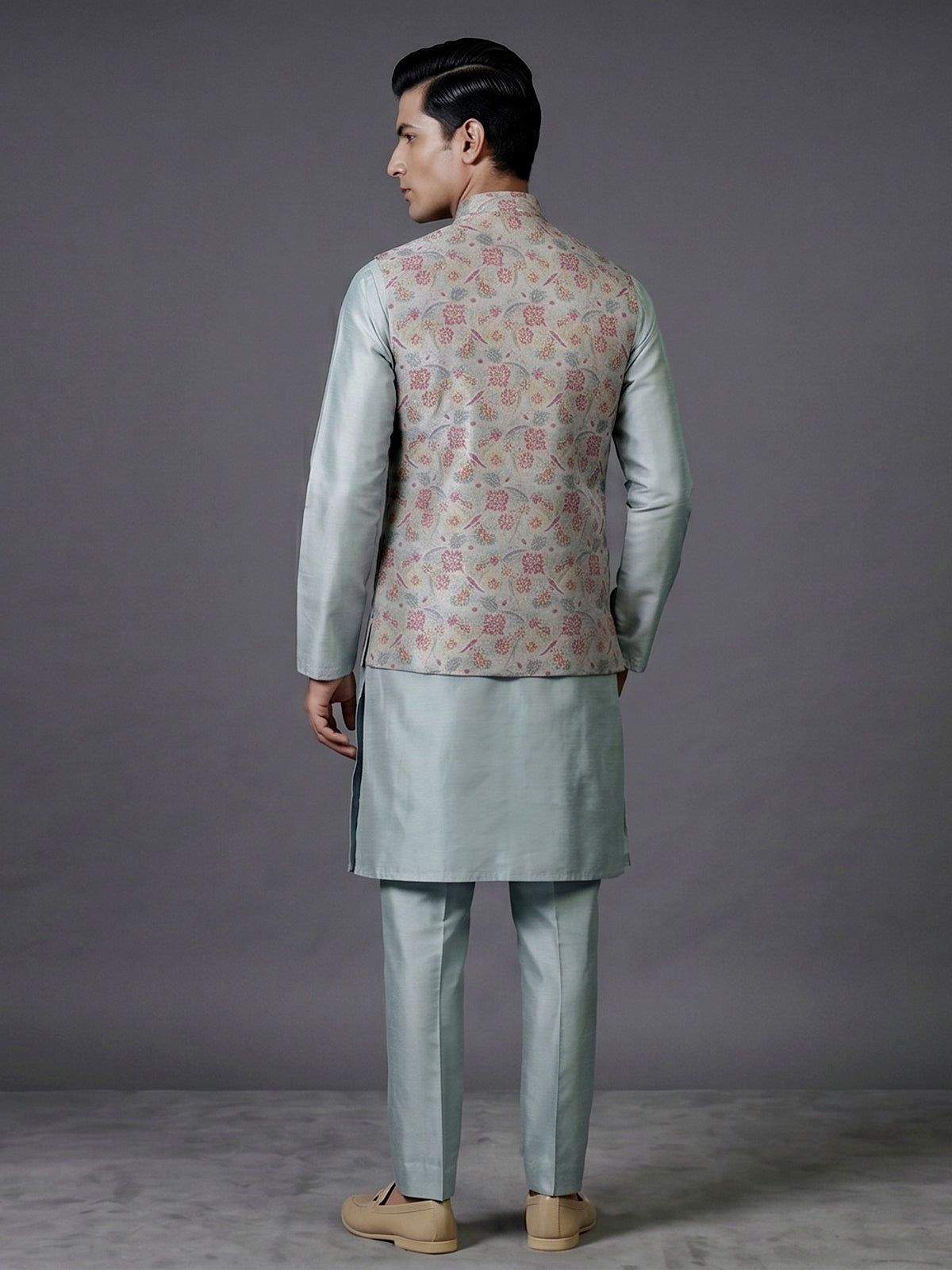 Mint blue silk waistcoat set with zari motifs