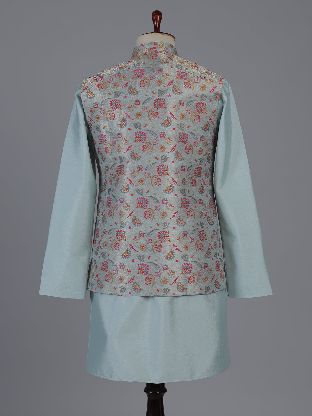 Mint blue silk waistcoat set with zari motifs