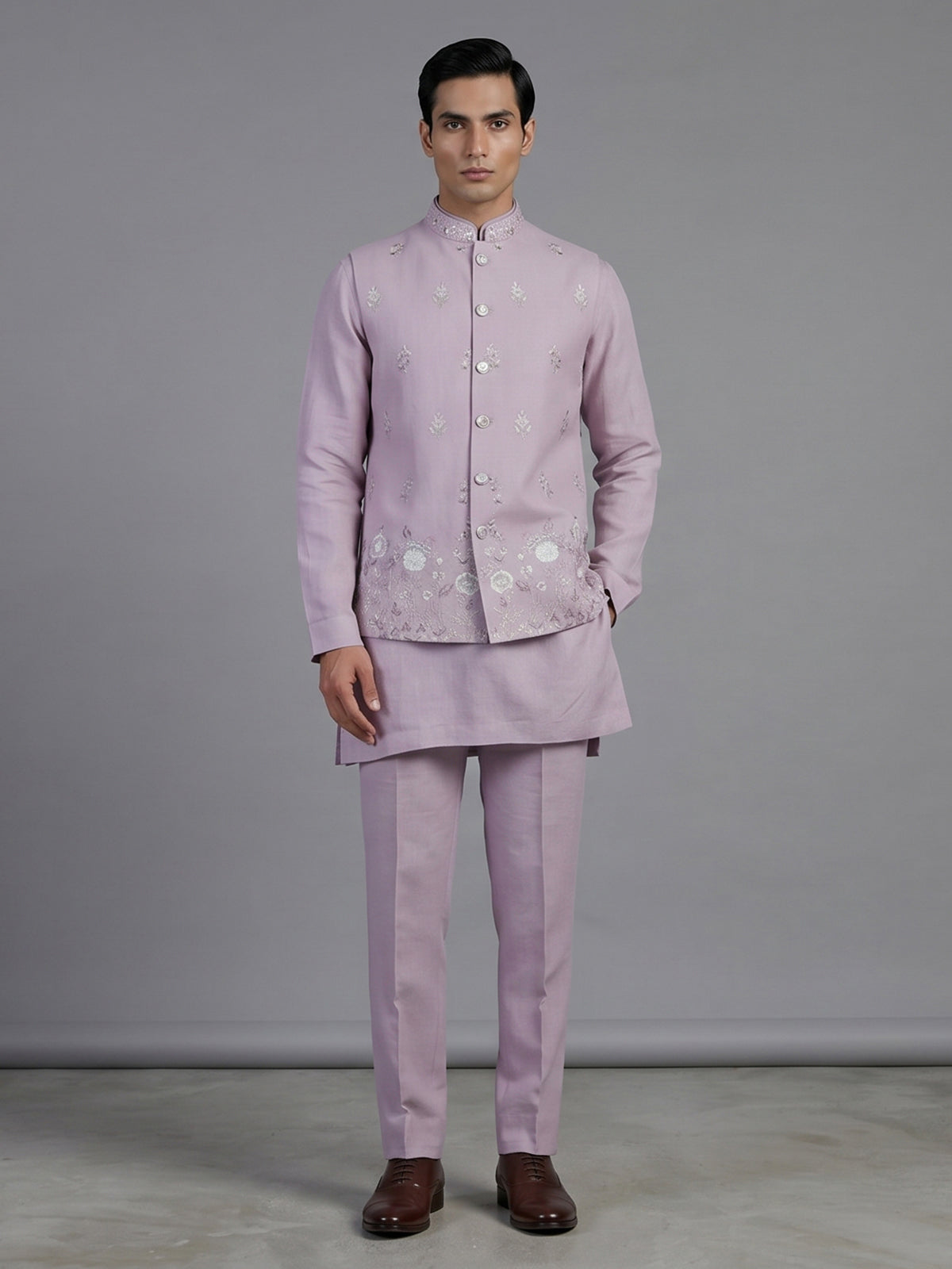 Lilac cotton linen waistcoat set with embroidery