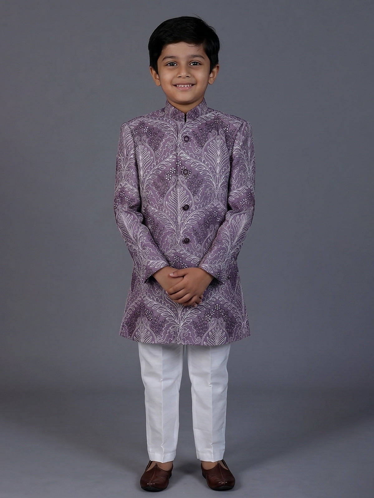Purple silk embroidered work indowestern suit