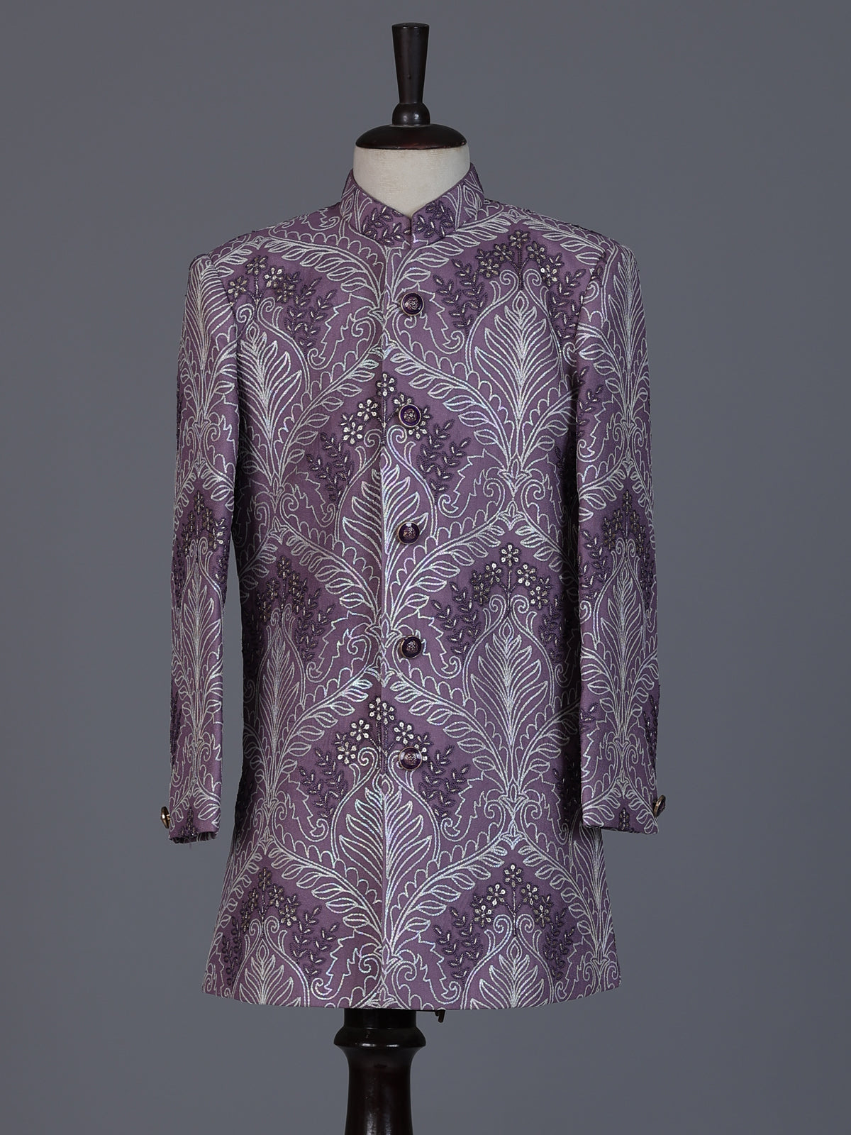 Purple silk embroidered work indowestern suit