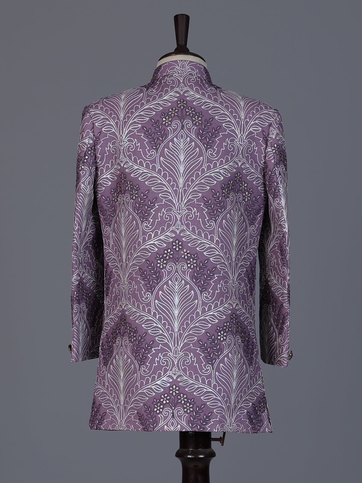 Purple silk embroidered work indowestern suit