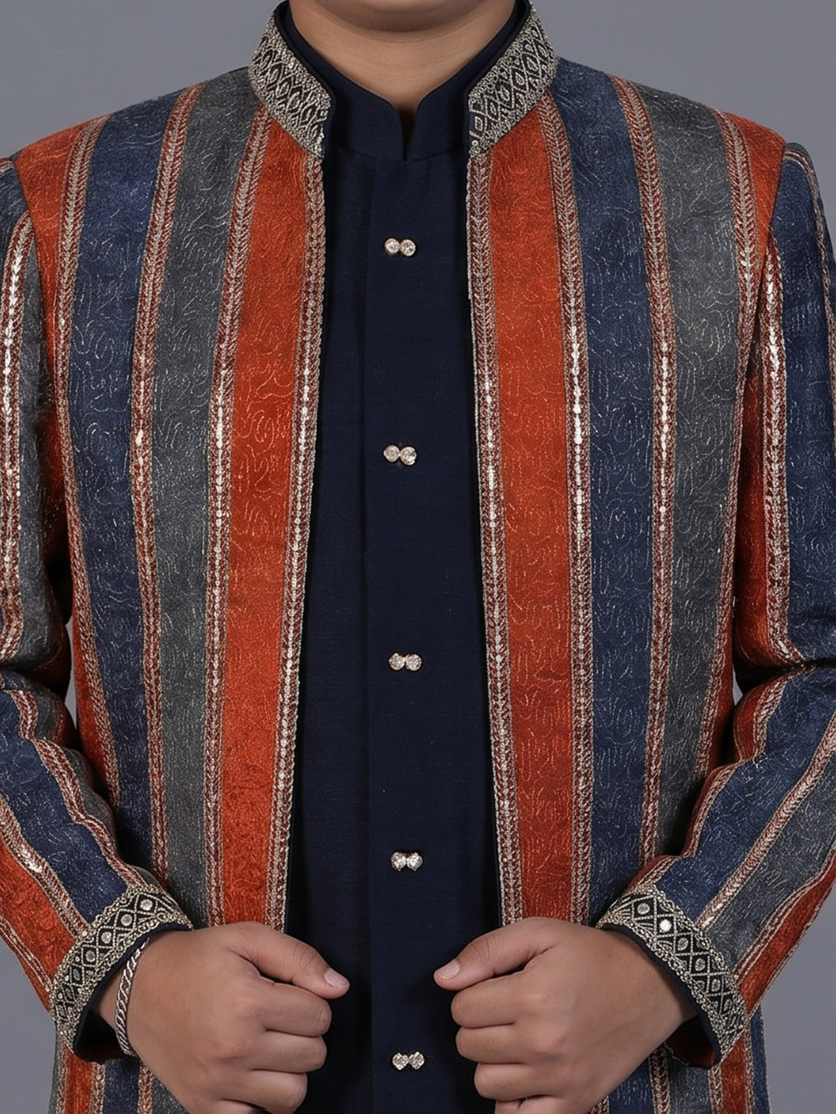 Navy blue striped silk indowestern set for boys