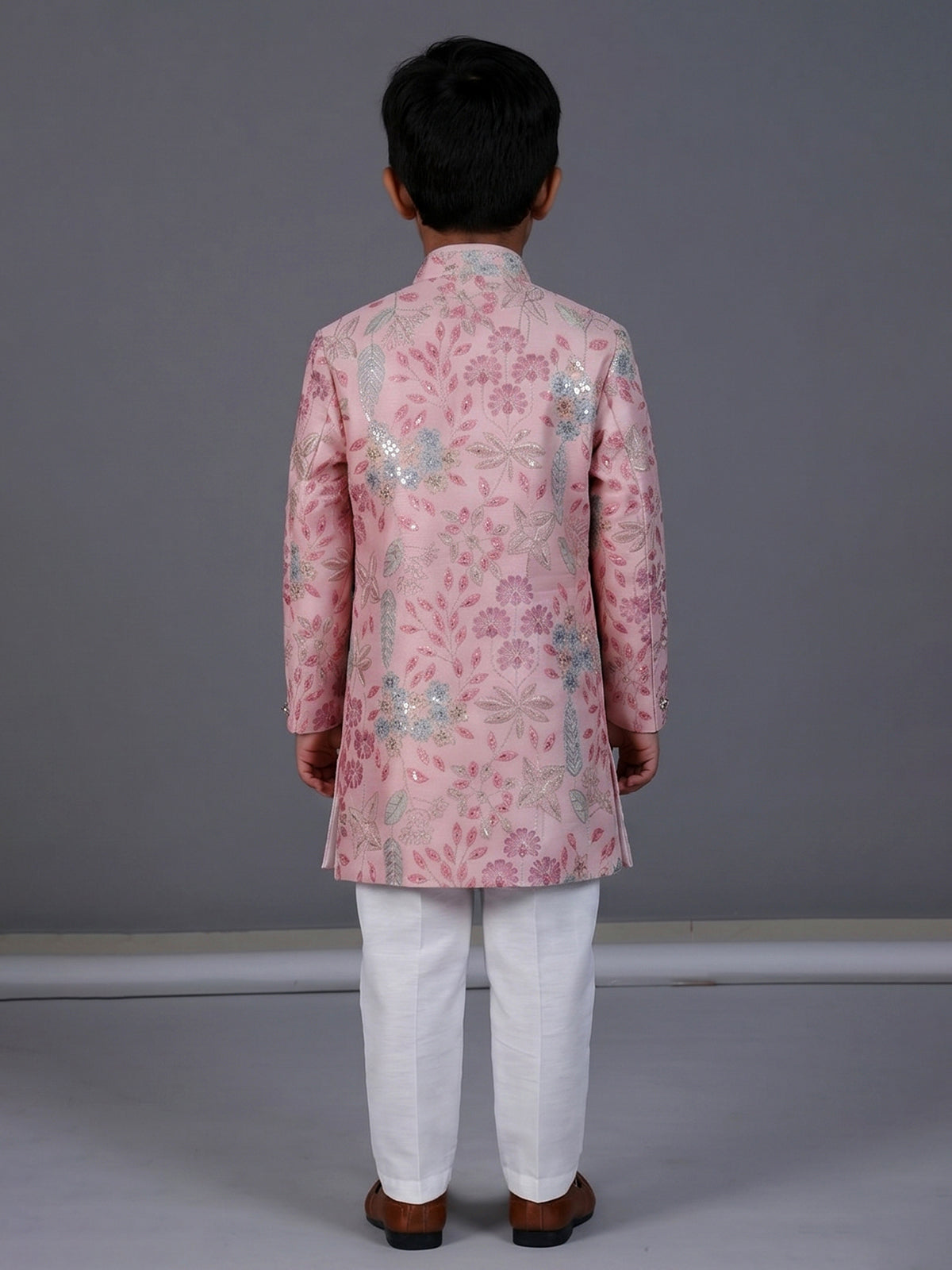 Pink silk blend embroidered boys indowestern set