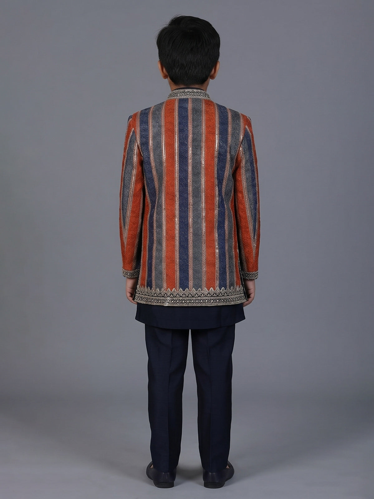 Navy blue striped silk indowestern set for boys