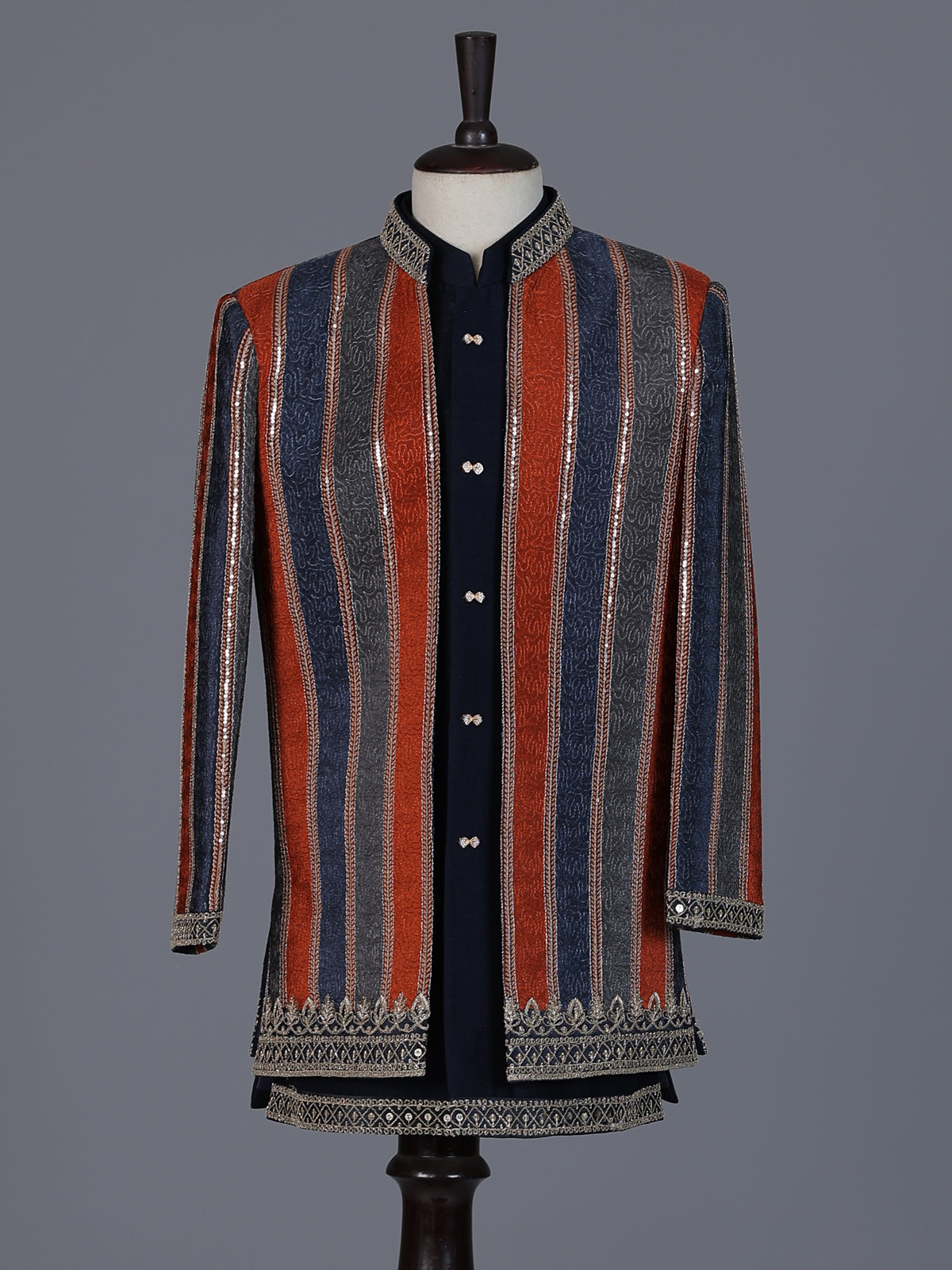 Navy blue striped silk indowestern set for boys